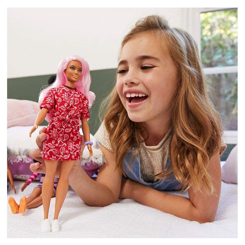 Barbie Fashionistas Doll #151 with Long Pink Hair Wearing a Red Paisley Top & Skirt, White Sneakers & Scrunchie Bracelet, Toy for Kids 3 to 8 Years