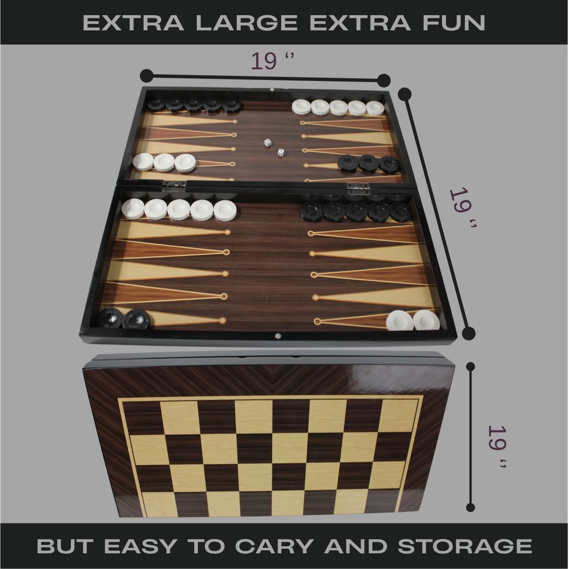 Park&Oz Walnut Premium Turkish Backgammon and Checkers Set 19 Inch Handmade 2 in 1 Wooden Board Game with Glossy Finish Luxury Checkers and Dice