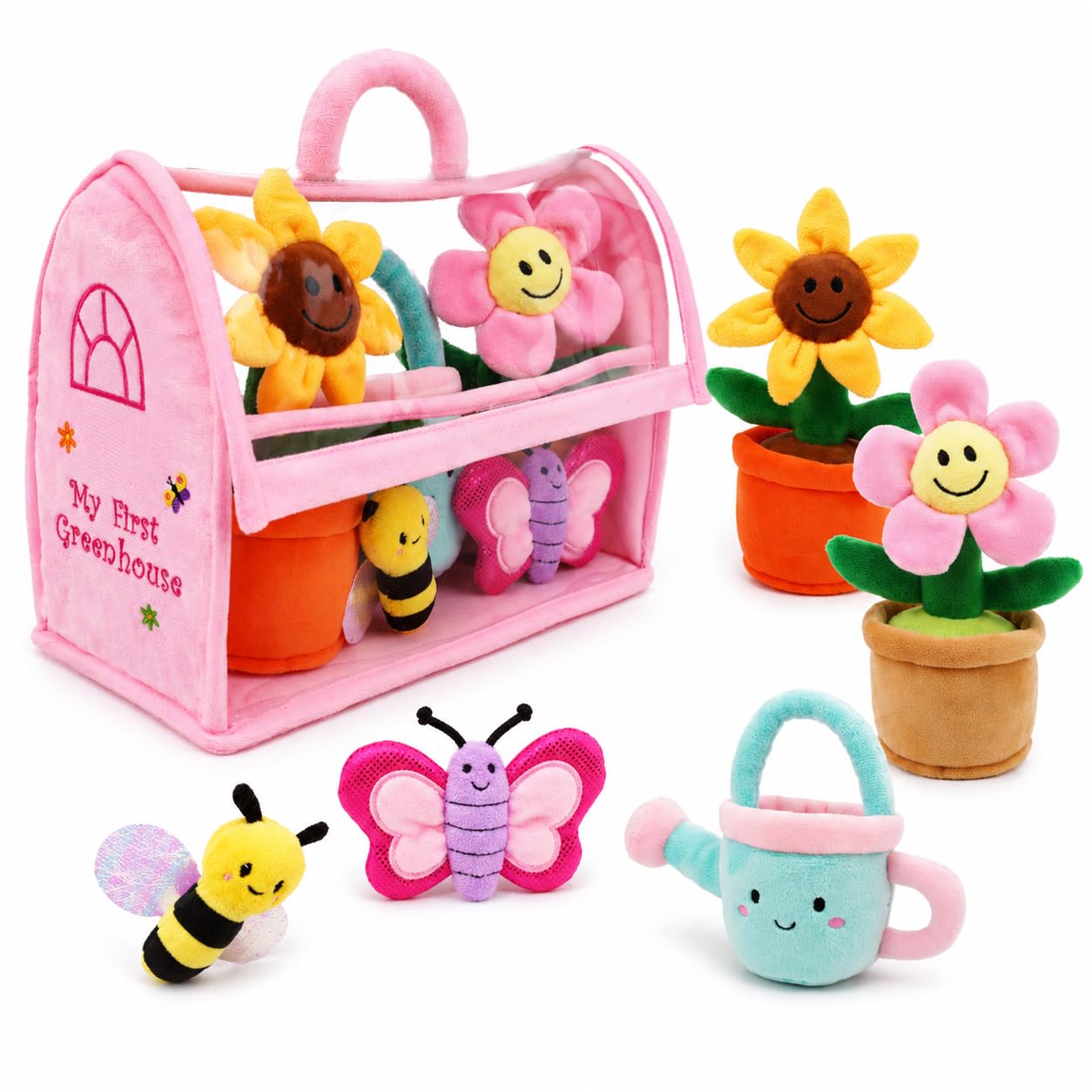 June Garden My First Greenhouse Plush Playset - 5 Pcs Interactive Soft Toy Set with Flowers, Bee, Butterfly & Watering Can - Pretend Play Educational
