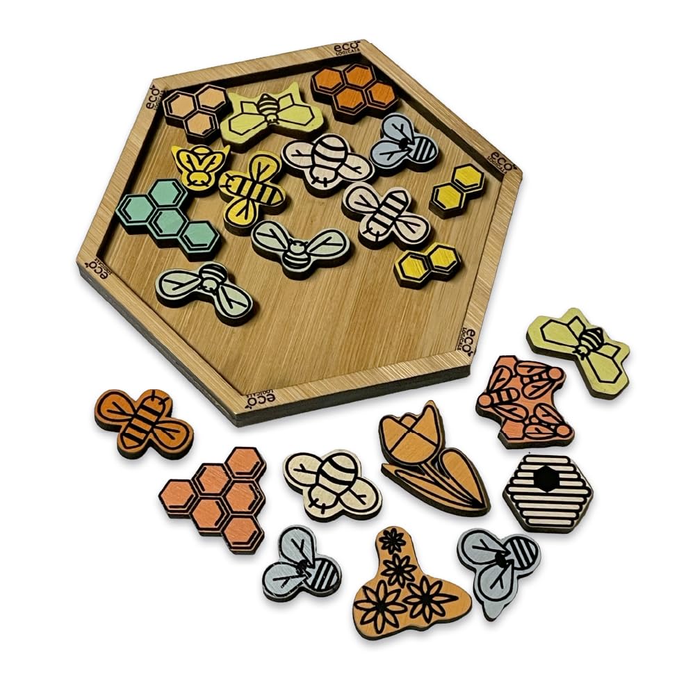 Bumble Jumble Tangram Puzzle, 23-Piece Wooden Brain Teaser, Eco Bamboo Hive Pack It in for Adults & Kids, Logic Desk Game & Quick Thinking Challenge