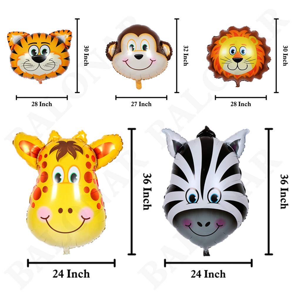 BALONAR 5pcs 32 Inch Tiger Lion Zebra Monkey Foil Balloons Animal Balloons