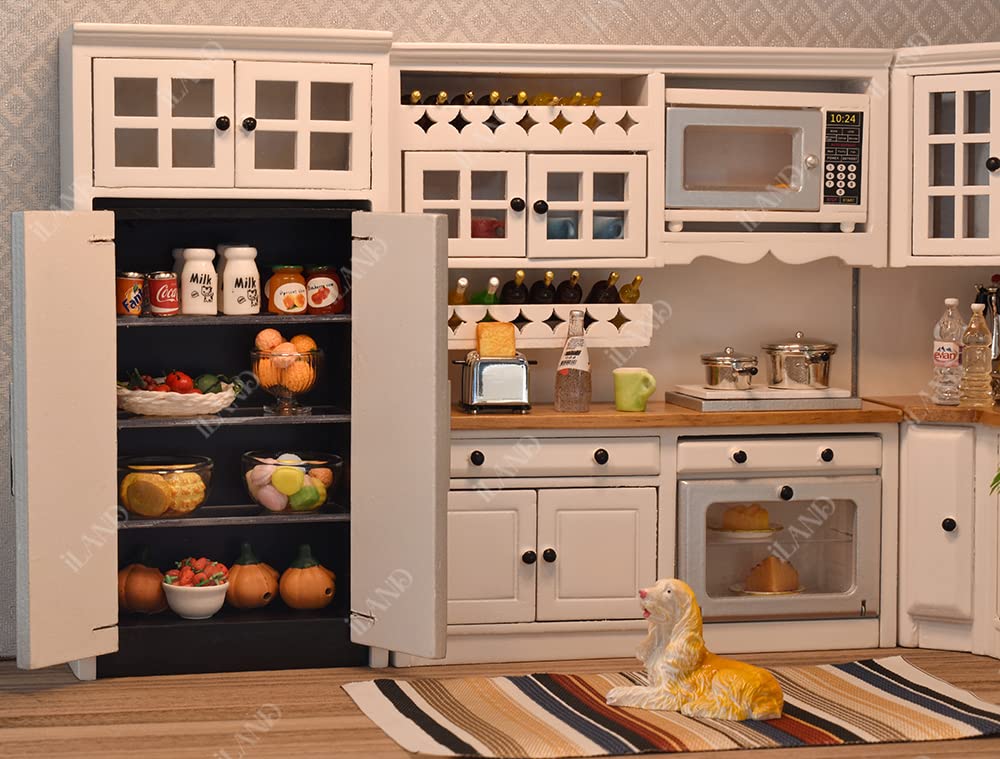 iLAND Dollhouse Furniture and Accessories Set Dollhouse Kitchen Modern Kit, Complete Miniature Cabinets Oven Refrigerator with Cookware fit 1/12 Scale
