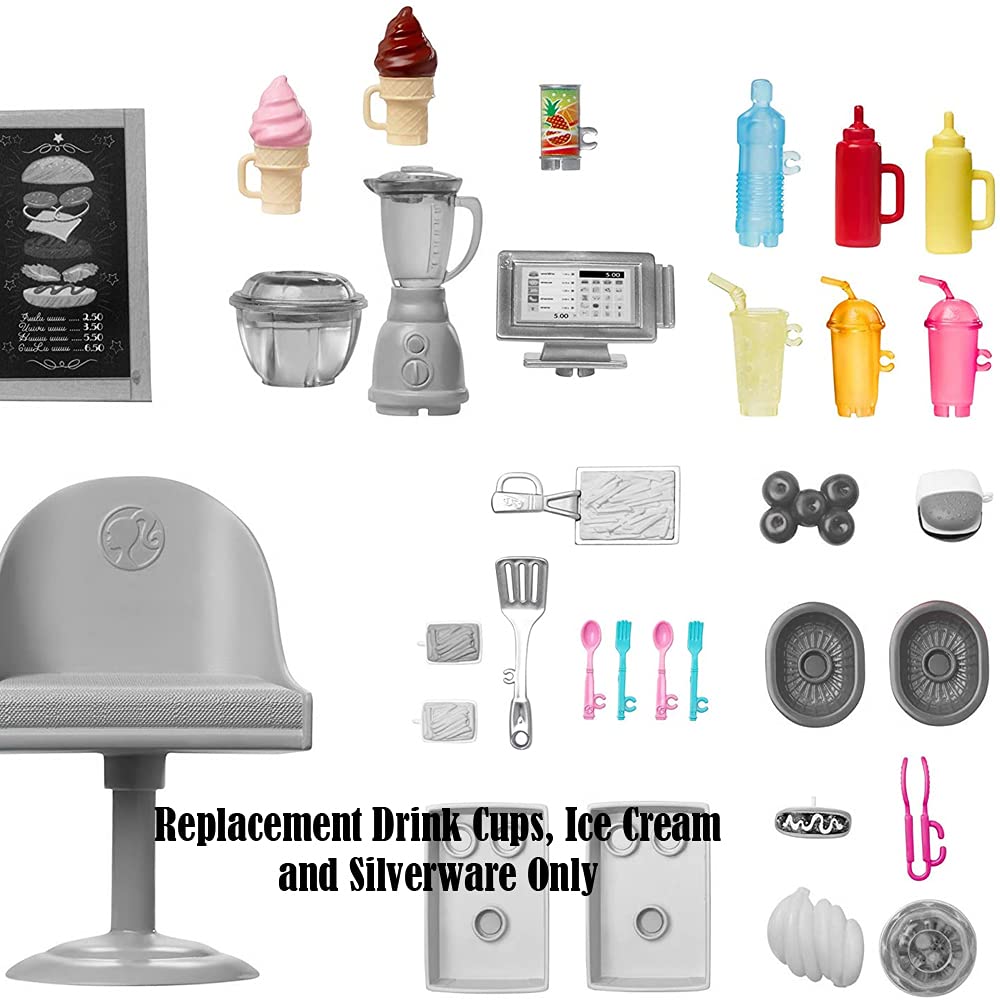 Mattel Replacement Parts for Fresh 'n Fun Food Truck Barbie Doll Playset - GMW07 Replacement Drink Cups, Ice Cream and Silverware