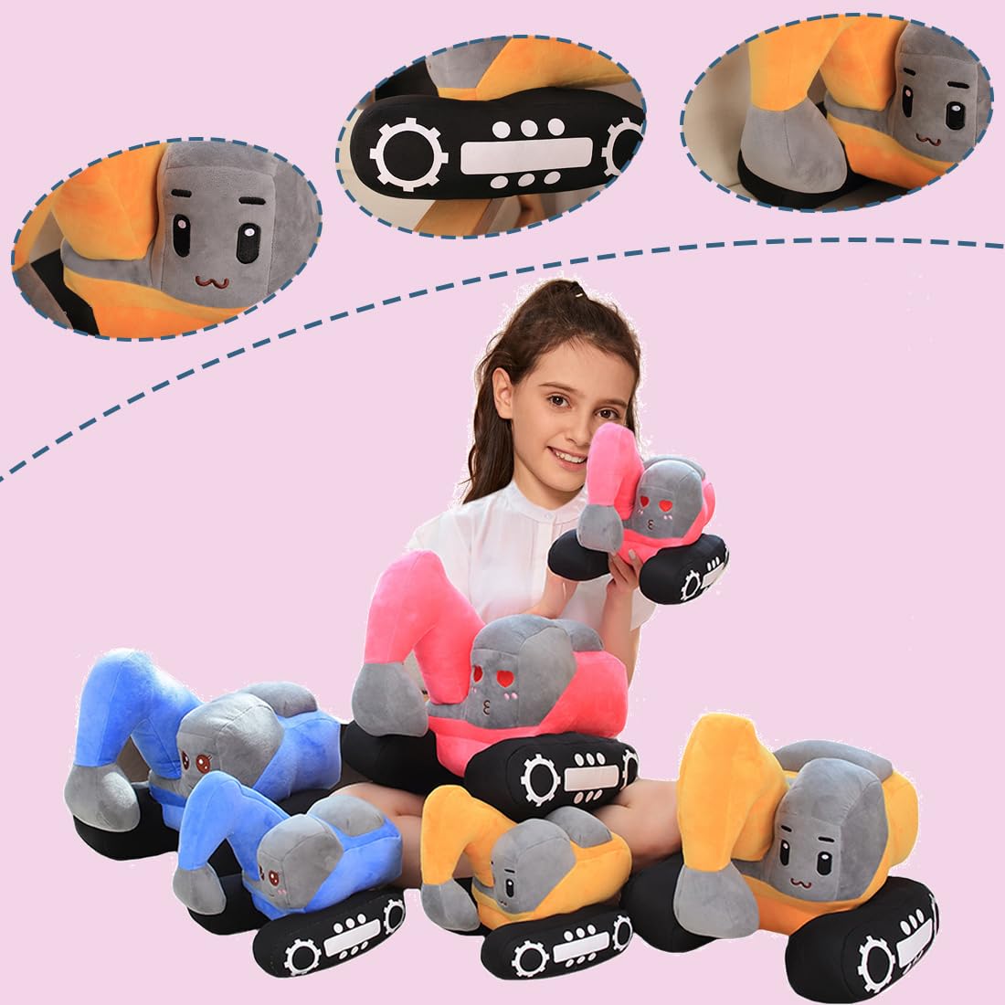 ELAINREN Simulation Pink Excavator Plush Toy Cool Digger Stuffed Gifts for Girls Cartoon Construction Truck Plushie Car Gifts/26x23cm
