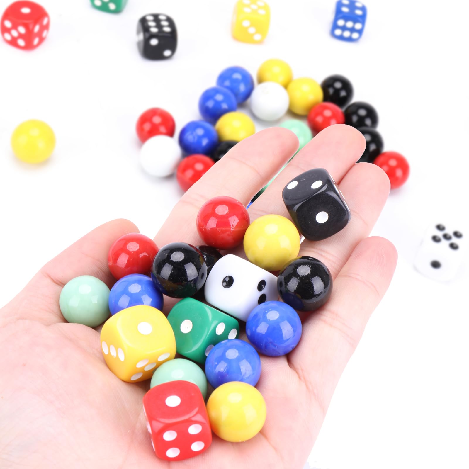 DODHEG 60 Pcs Glass Marbles, Bulk Marbles, for Various Marble Games 0.63 inch, with 6 Pcs 6 Sided Dice Multicolor.
