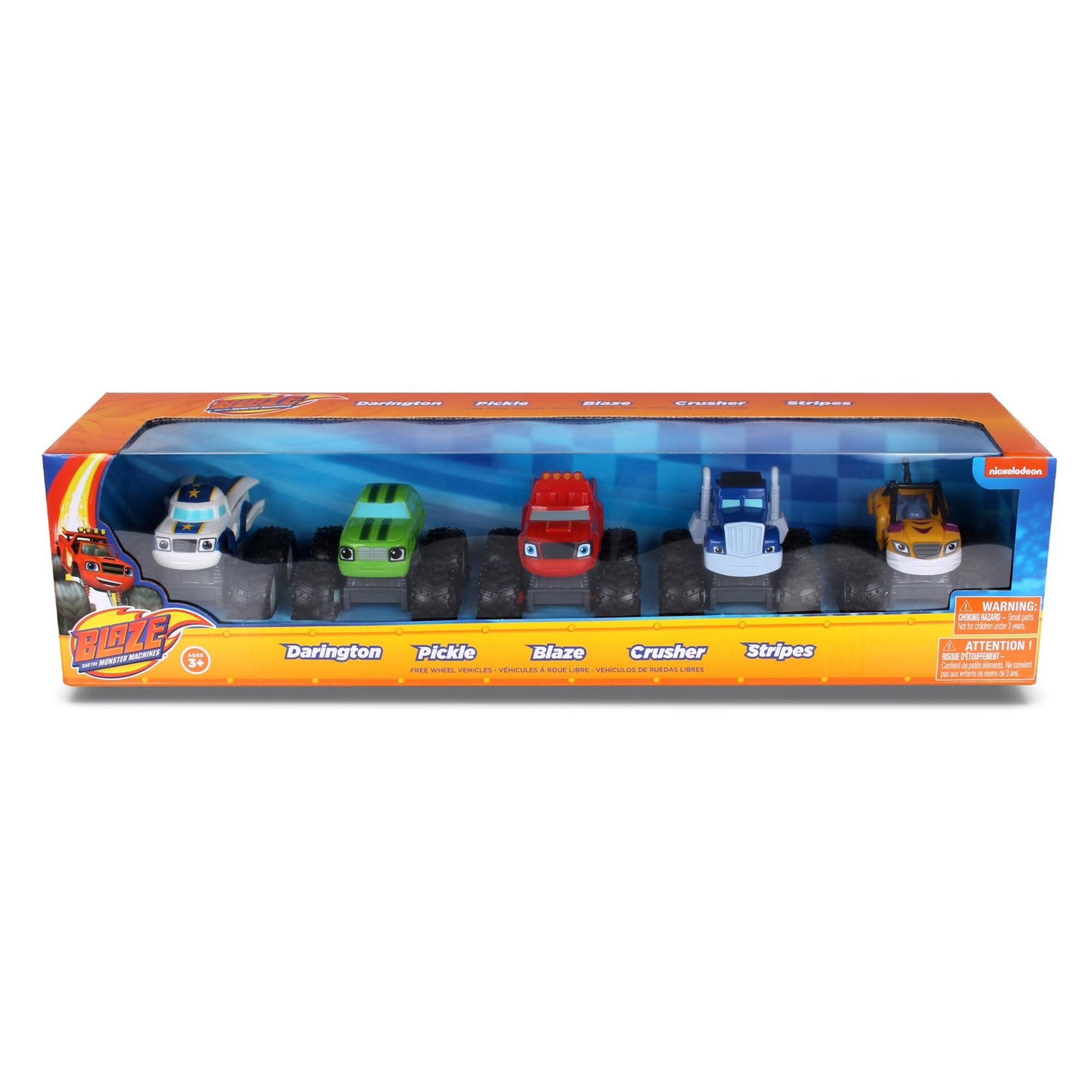 NKOK Blaze and The Monster Machines (Free-Wheel) 5PK (Blaze, Pickle, Crusher, Stripes & Darington); No Batteries Required; Grippy Tires; STEM