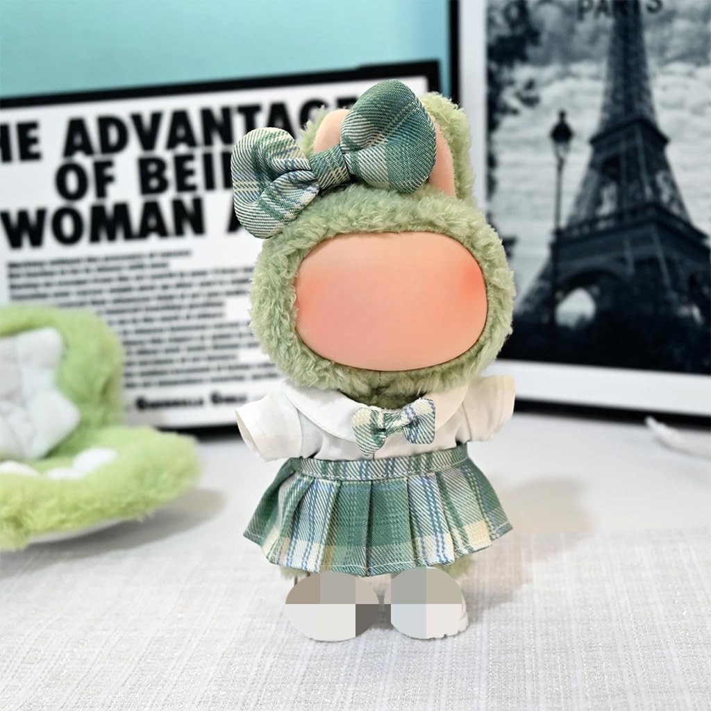 Clothes for Labubu 3-Piece Cotton Uniform Set with Bow Clip, Bow Tie Shirt & Plaid Skirt for 17cm Dolls(No Doll,No Shoes) (Green)