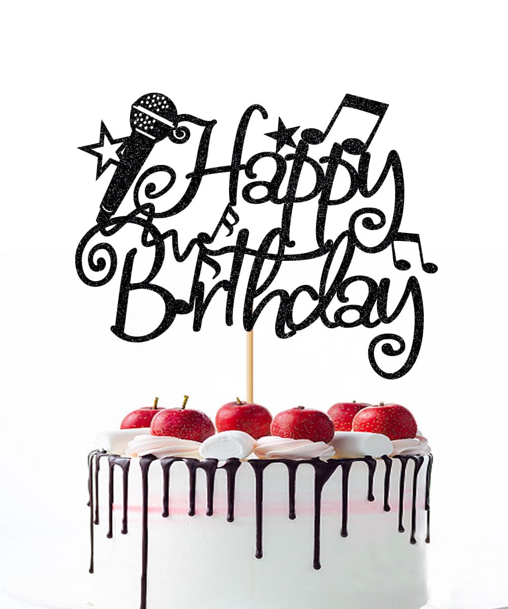 Naicaek Black Glitter Microphone Happy Birthday Cake Topper