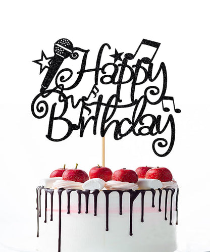 Naicaek Black Glitter Microphone Happy Birthday Cake Topper