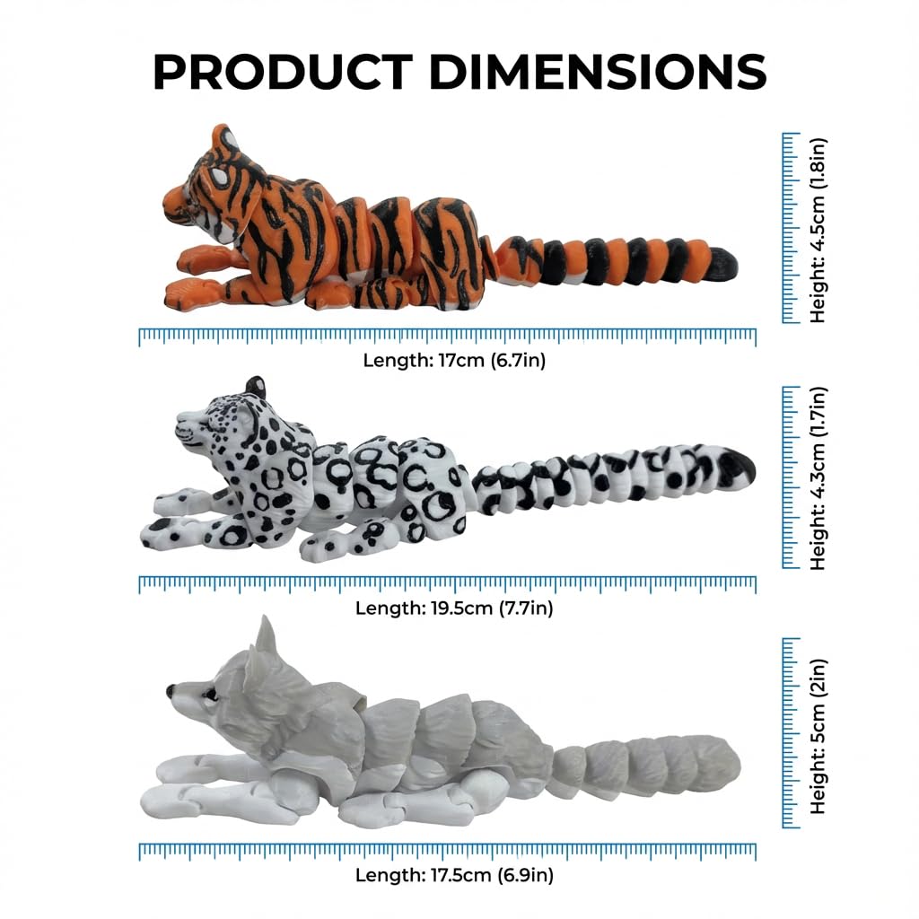 Drifvie 3PCS 6.7-7.7in 3D Printed Animal Set,Articulated Snow Leopard,Tiger & Grey Wolf Action Figures,Realistic Movable Joint Fidget Toys,Wildlife