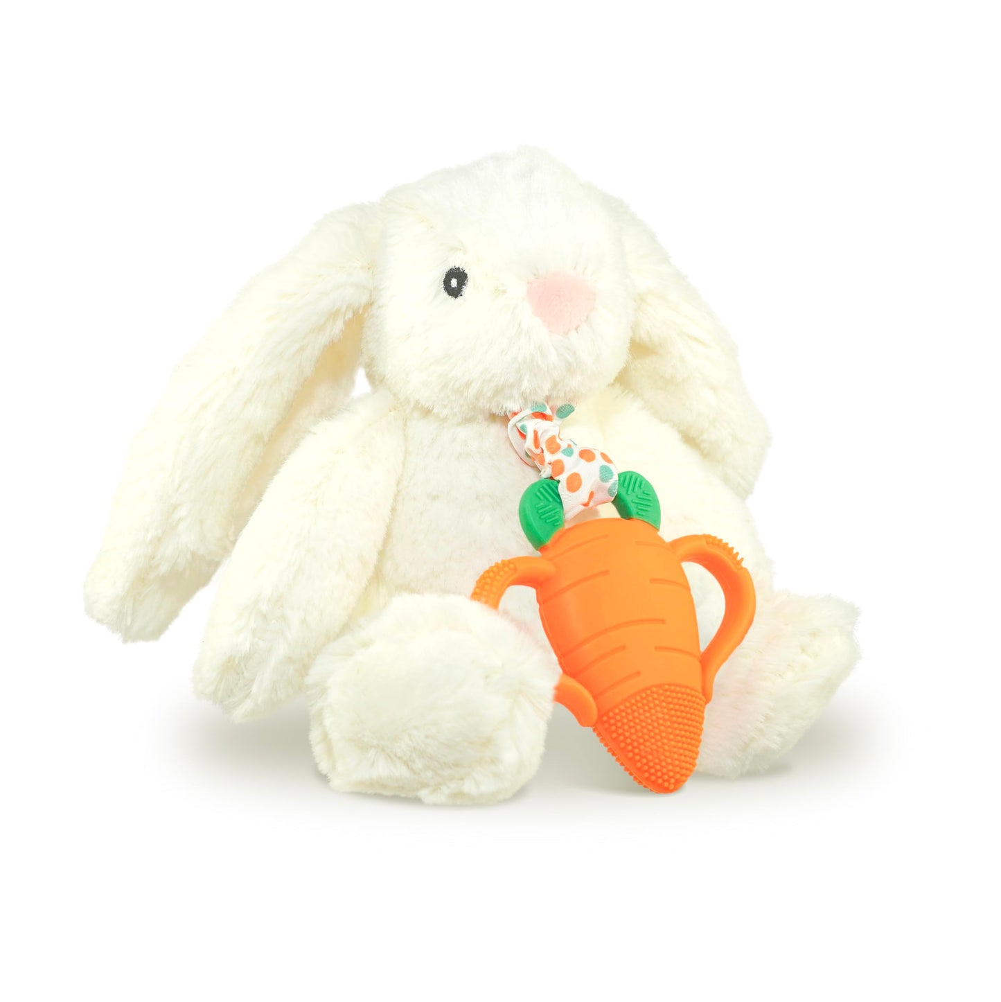 RaZbaby Bunny Snuggly w/Carrot Teething Relief Toy - Soothes Sore Gums w/Nature-Inspired Texture, 100% BPA-Free Silicone Teether, Soft Minky Stuffed