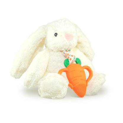RaZbaby Bunny Snuggly w/Carrot Teething Relief Toy - Soothes Sore Gums w/Nature-Inspired Texture, 100% BPA-Free Silicone Teether, Soft Minky Stuffed