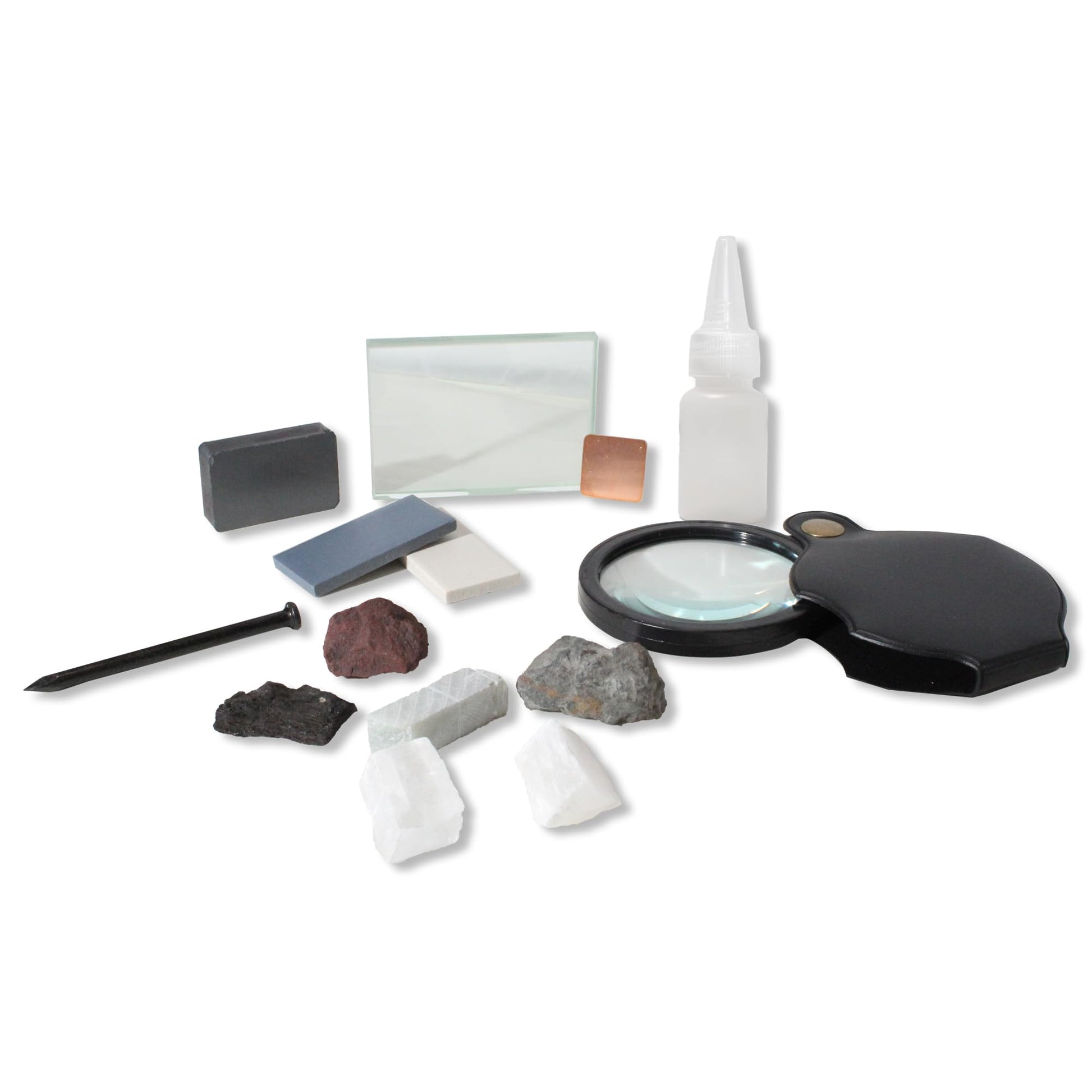 GeLaozee Mineral ID Kit - 13 Pieces - Includes Dropper Bottle, Streak Plate, Glass Plate, Magnet, Nail, Copper Sheet, Retractable Hand Lens, Rock