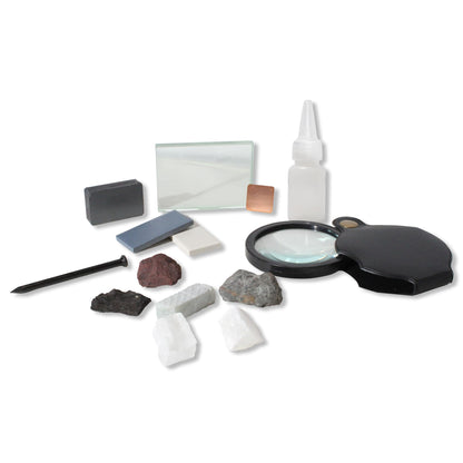GeLaozee Mineral ID Kit - 13 Pieces - Includes Dropper Bottle, Streak Plate, Glass Plate, Magnet, Nail, Copper Sheet, Retractable Hand Lens, Rock