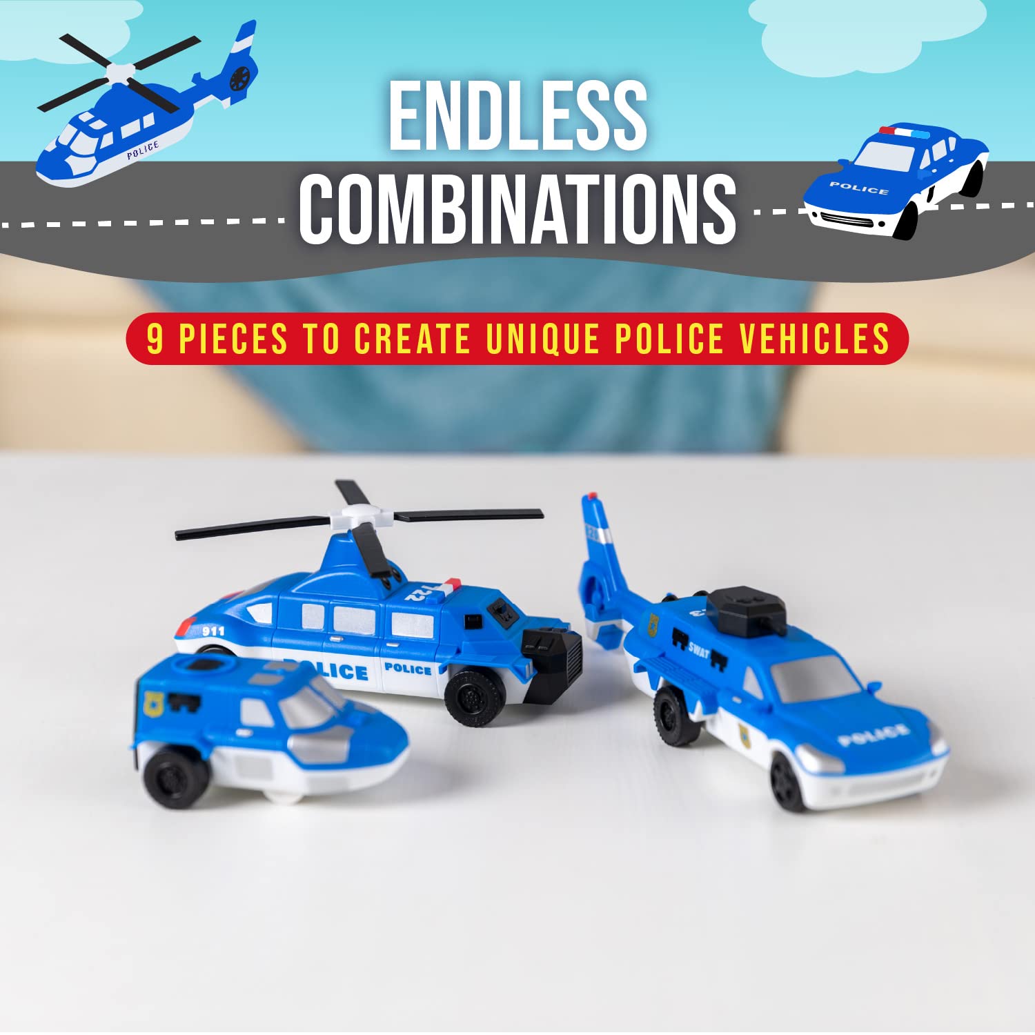 POPULAR PLAYTHINGS Magnetic Vehicles for Toddlers 1-3, Mix or Match Car Toys, Set of 3 Gift for Kids - Police