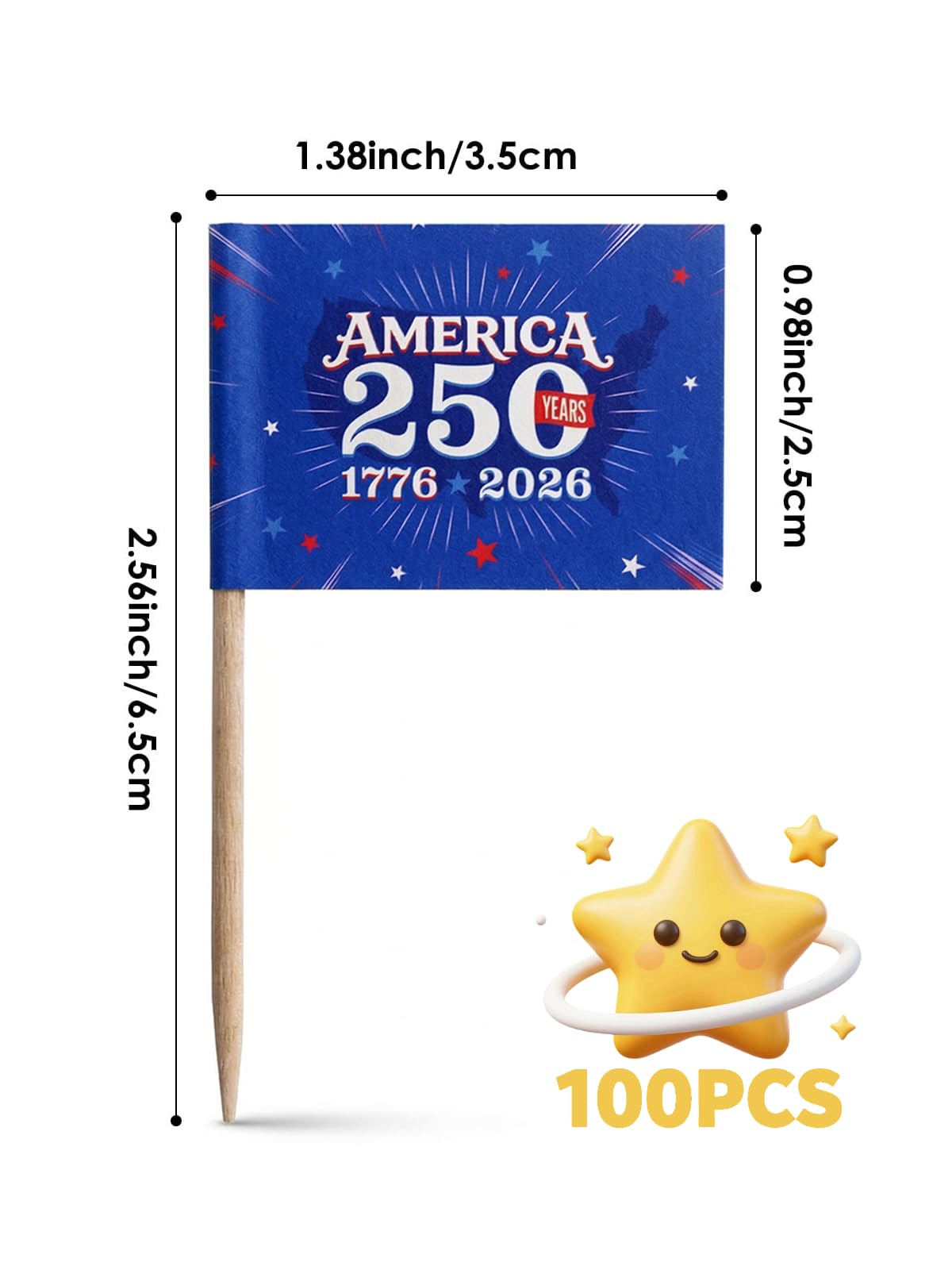 100 Pack America 250 Merchandise Toothpick Flags - Eco-Friendly USA 250th Anniversary Party Supplies & Cupcake Toppers - 1776-2026 Patriotic Mini Food