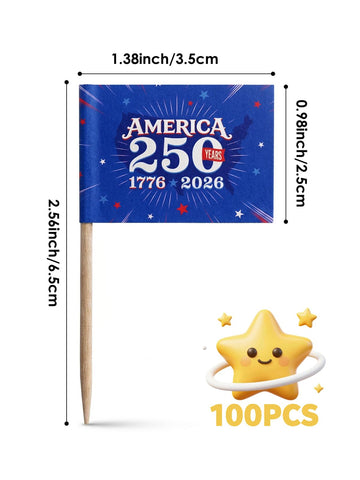 100 Pack America 250 Merchandise Toothpick Flags - Eco-Friendly USA 250th Anniversary Party Supplies & Cupcake Toppers - 1776-2026 Patriotic Mini Food