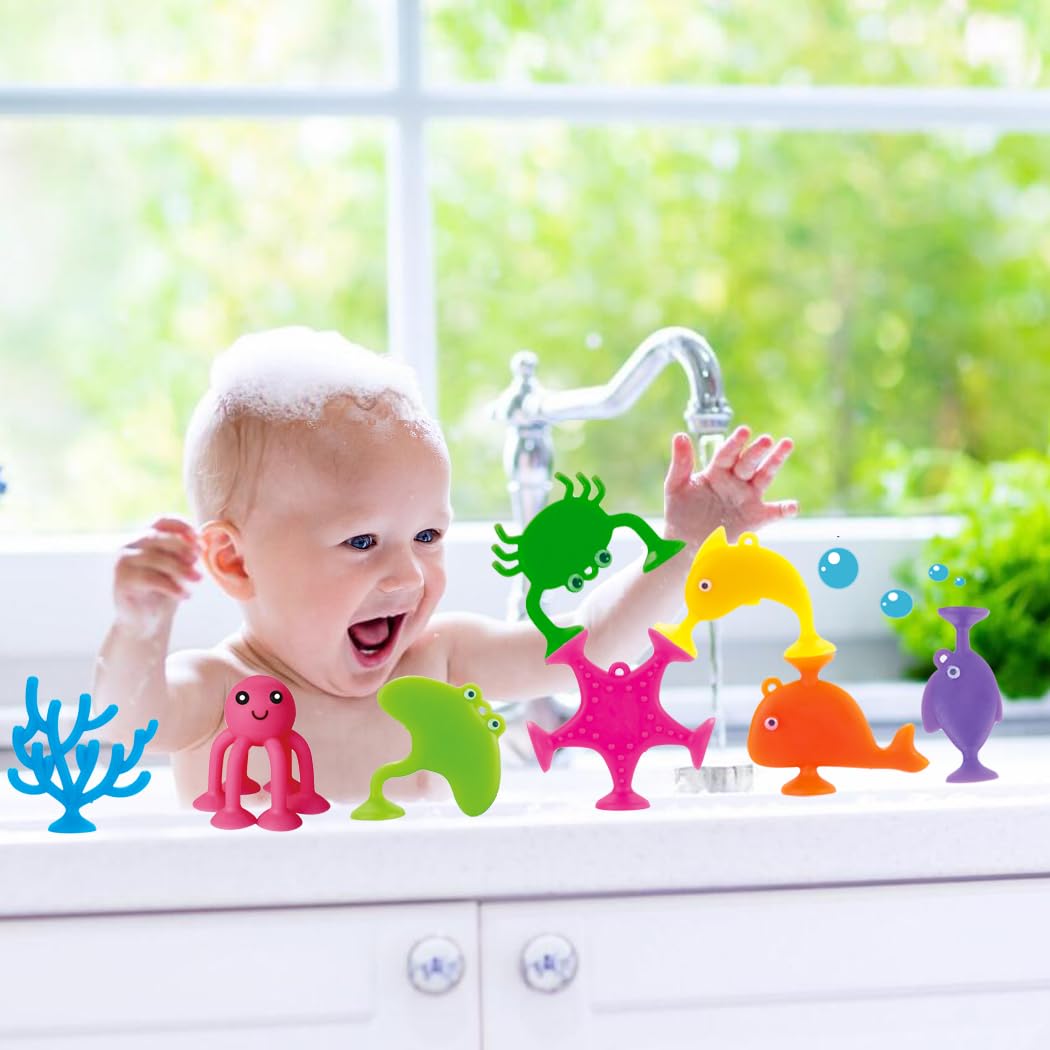 Suction Bath Toys for Kids, 9 PCS Silicone Ocean Animal Suction Cup Toys, Mold Free No Hole Bathtub Toy, Sensory Window Building Toy Gifts for Toddler