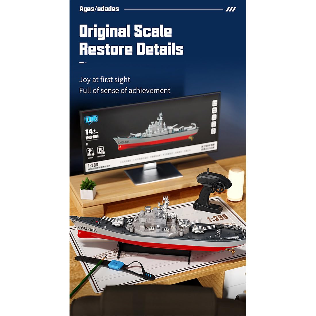 MakerTopia LHD-881 Remote Control Boat, 2.4G RC Electric High Frequency Twin-Engine Battleship Model RC Boat, RC Watercraft Model Electric Water