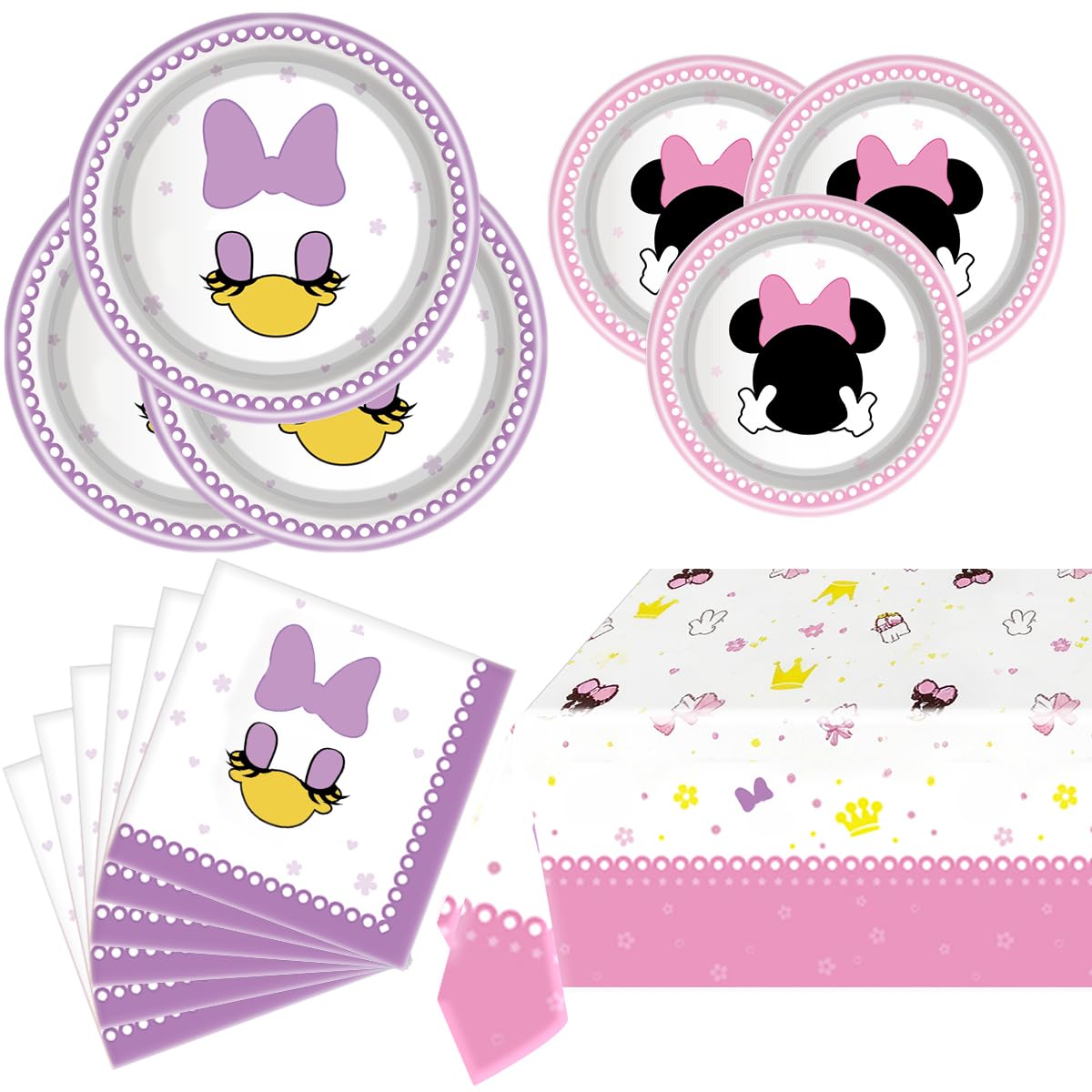 Party Tableware For Cute Mouse,16 pcs Paper Plates (8pcs 9 inch and 8pcs 7inch)-20 Napkin and Table Cloth 86” x 52”,Girl Cute Mouse Birthday Party