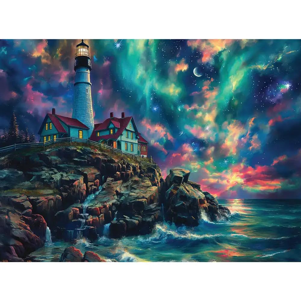 Bits and Pieces - 300 Piece Jigsaw Puzzle for Adults - 18" x 24" - Aurora Sky - 300 pc Large Piece Northern Lights Lighthouse Jigsaw by Shawna Stewart