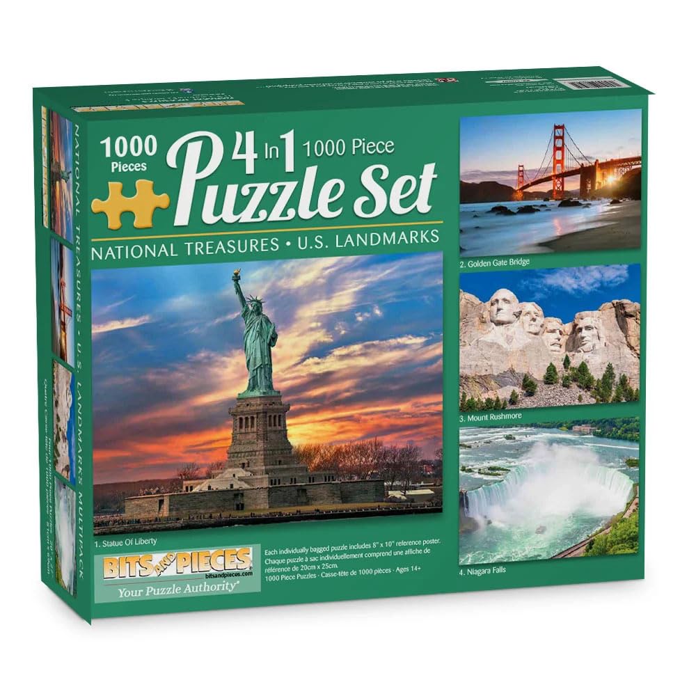 Bits and Pieces - 4-in-1 Multi-Pack Jigsaw Puzzles for Adults - US Landmarks Jigsaw Puzzle Set Bundle, Completed Puzzle Size: 1000 Pieces Each 20" x