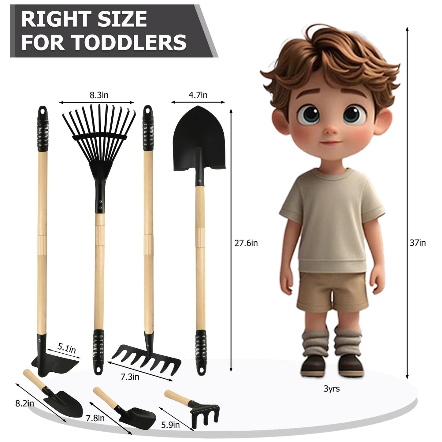 CHEERBANK 7PCS Kids Gardening Tools, Long Shovel, Rake for Leaves, Spade, Hoe, Steel Heads & Real Wood Handle, Yard Tools for Children Toddlers Gifts