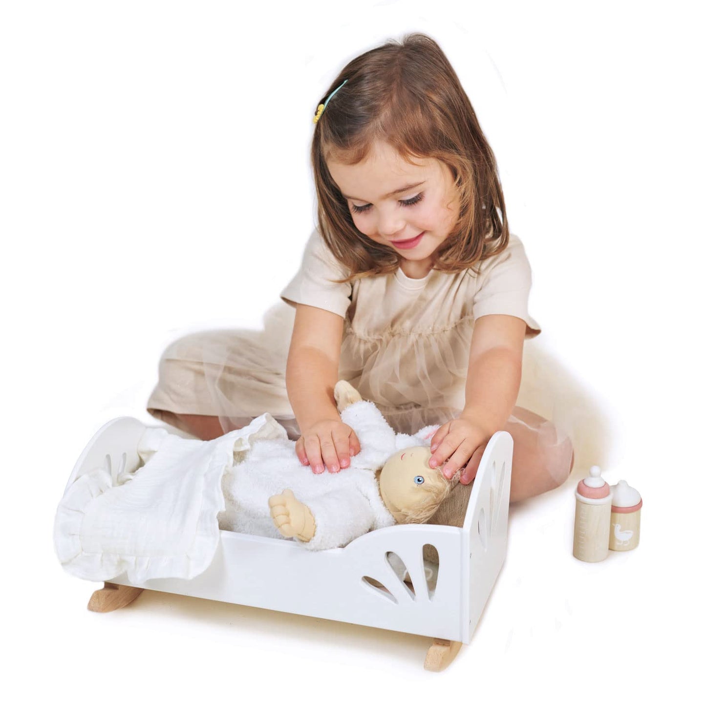 Tender Leaf Toys - Sweet Dreams Dolly Bed - Wooden Baby Doll Rocking Cradle with Bedding and Accessories - Encourages Love and Nurturing Play for Boys