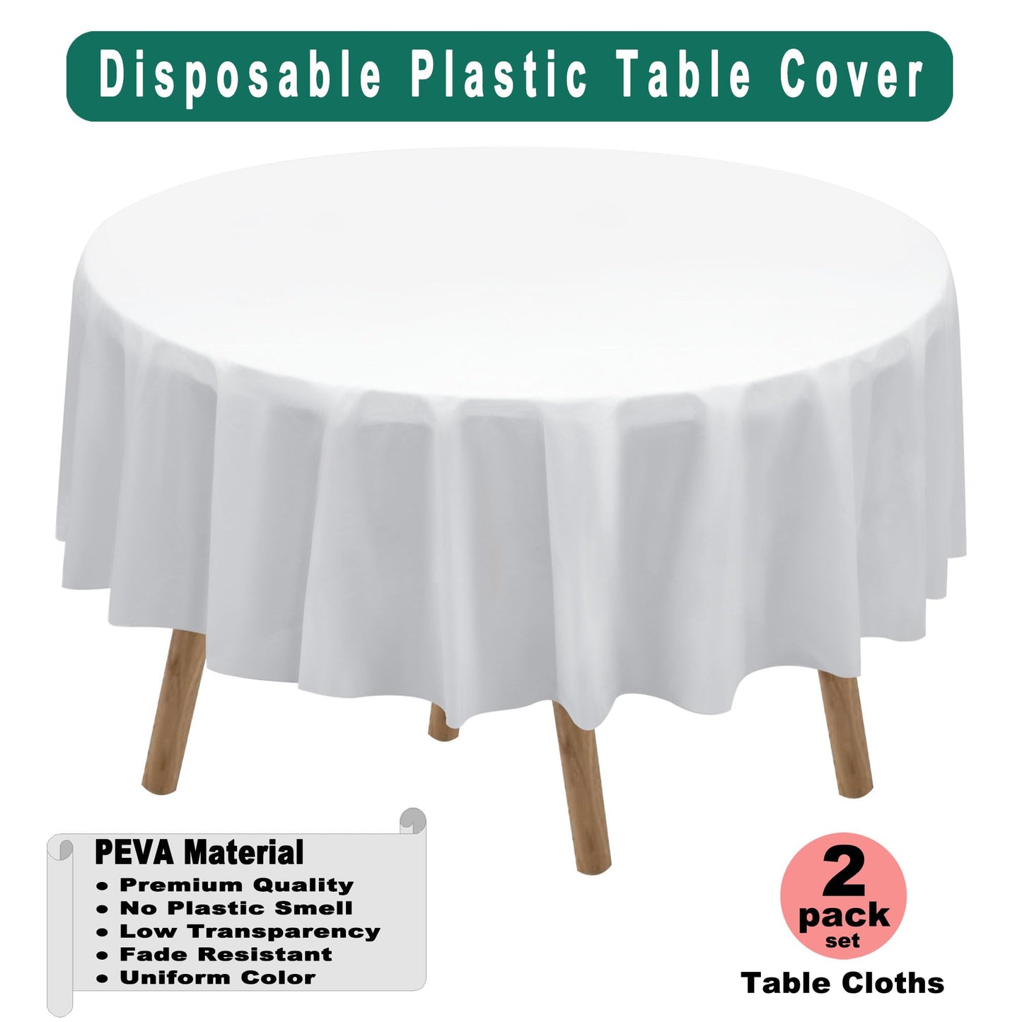White Plastic Tablecloths 2 Pack Disposable Table Covers 84 Inch Circle Bridal Shower Party Tablecovers PEVA Solid Table Cloths for BBQ Picnic