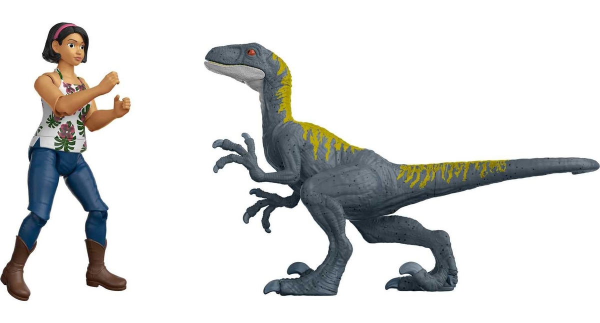 Mattel Jurassic World Camp Cretaceous Human & Dino Action Figure Pack with Sammy & Velociraptor Figures, Plus 2 Compys Smaller Dinosaurs, Collectible