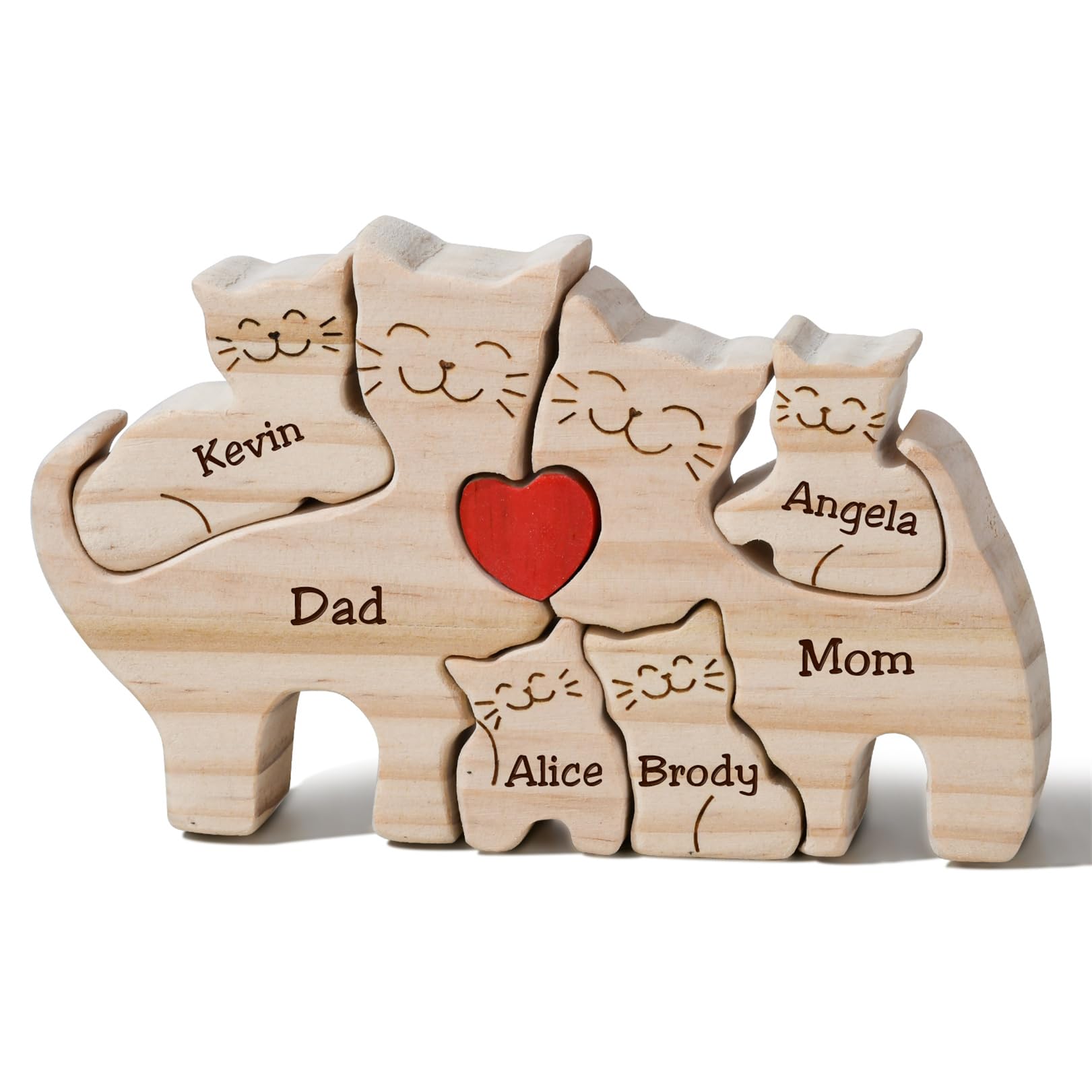 LucySky Personalized Wooden Cat Puzzle with 2-6 Family Names, Personalized Wooden Puzzle, Customized Decor Gift for Mother's Day, Father's Day