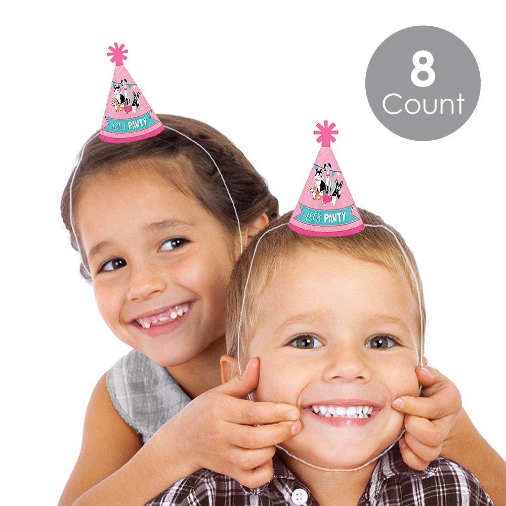 Big Dot of Happiness Pawty Like a Puppy Girl - Mini Cone Pink Dog Baby Shower or Birthday Party Hats - Small Little Party Hats - Set of 8
