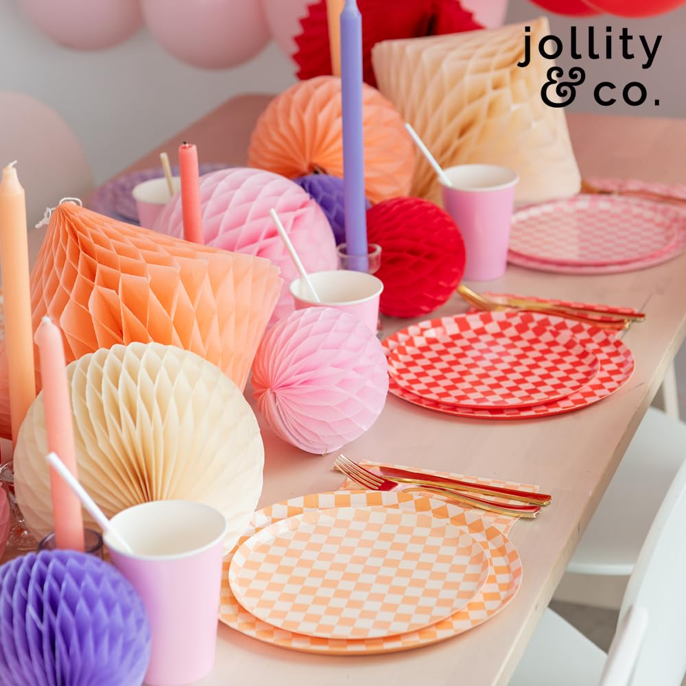 Jollity & Co Check It! Dinner Plates - Peaches N' Cream Paper Plates - Pack of 8 Paper Plates Disposable - Checkered Pattern Party Plates for Baby