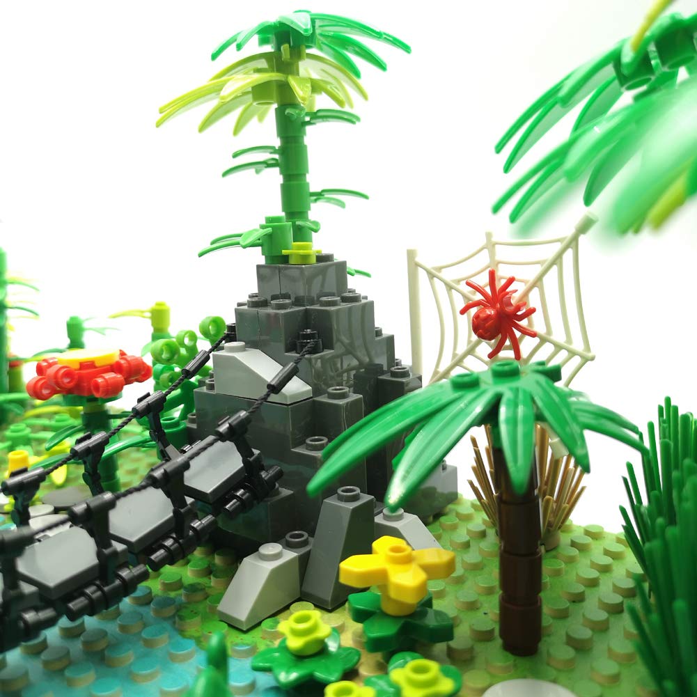 ZHX Rainforest Jungle Bridge Building Block Toys with 2pcs Baseplates(10x10 inches Each) Garden Bricks Accessories Bush Flowers Animals Coconut Trees