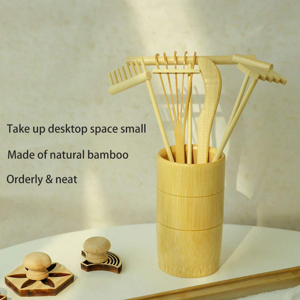 Zen Garden Rake Stamp Tools - Meditation Rock Sand Garden Accessories - Office Desktop Mini Zen Gifts for Man Women Bamboo Rakes Holder Brusher Spoon