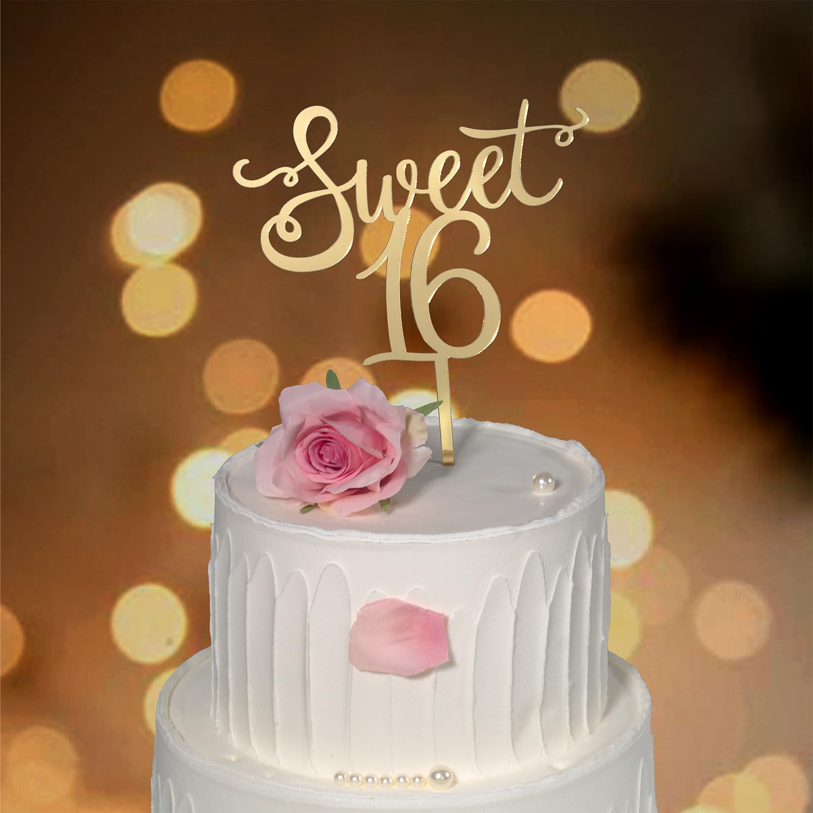 Apluselection Shiny Acrylic Happy Sweet 16 Birthday Cake Topper, 7.5" x 6", Cheer to 16th Birthday Party Cake Decoration (Gold)