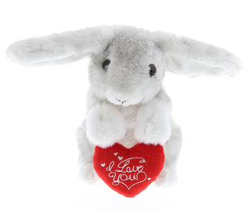 DolliBu I Love You Valentine Plush Grey Rabbit - Cute Soft Cuddly Stuffed Animal with Red Heart Gift for Valentines Day, Birthday Present