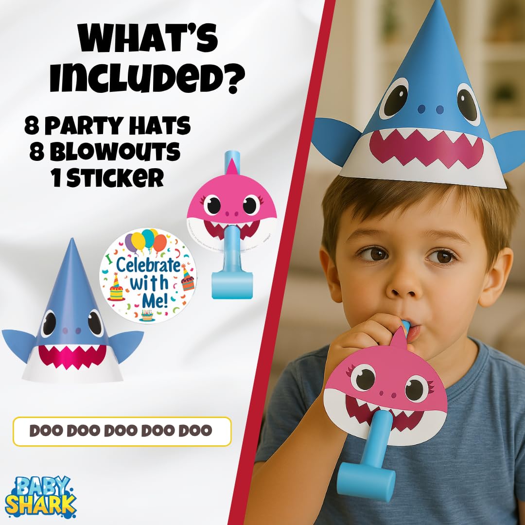 Unique Baby Shark - Party Hats, Blowouts & Sticker Bundle | Officially Licensed | 8 Hats, 8 Blowouts & 1 Sticker Sheet | Birthday Party Supplies Set |