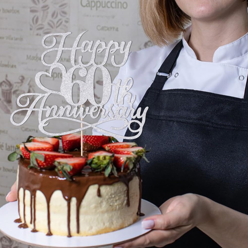 YUINYO Silver Glitter Happy 60th Anniversary Cake Toppers