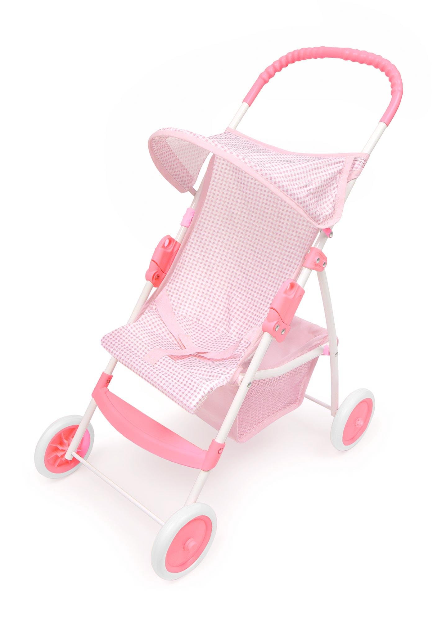 Badger Basket Folding Doll Umbrella Stroller for Dolls Up to 18 Inches - Lightweight, Compact Doll Stroller with Safety Belt, Pink and White Design