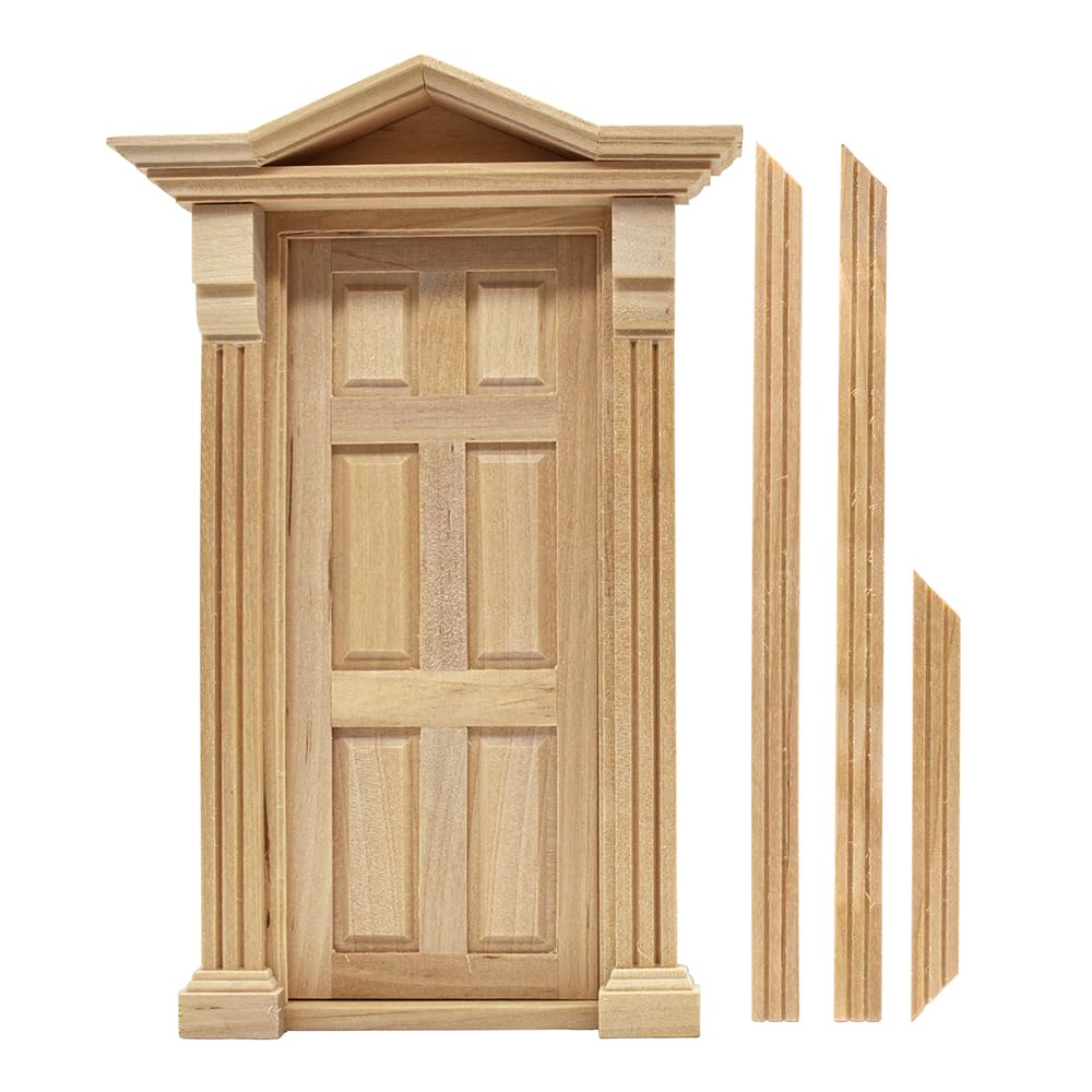 iLAND Classic Wooden Dollhouse Door of 1/12 Scale Accessories, Dollhouse Building Supplies Set of Miniature Door with Trim, Handle & Knocker