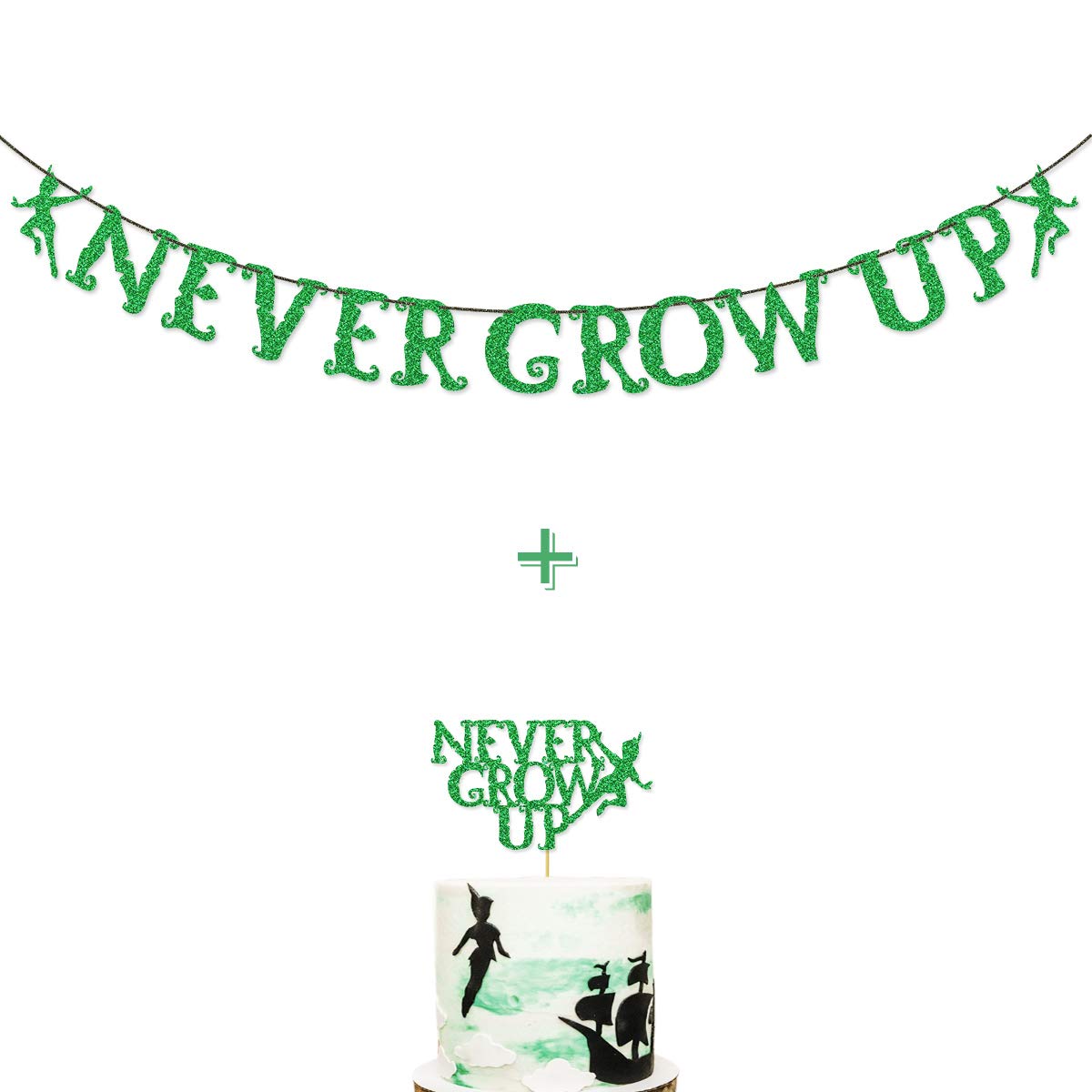 Green Glitter Never Grow Up Banner Never Grow Up Cake Topper for P Pan Neverland Birthday Party Decorations (Green)
