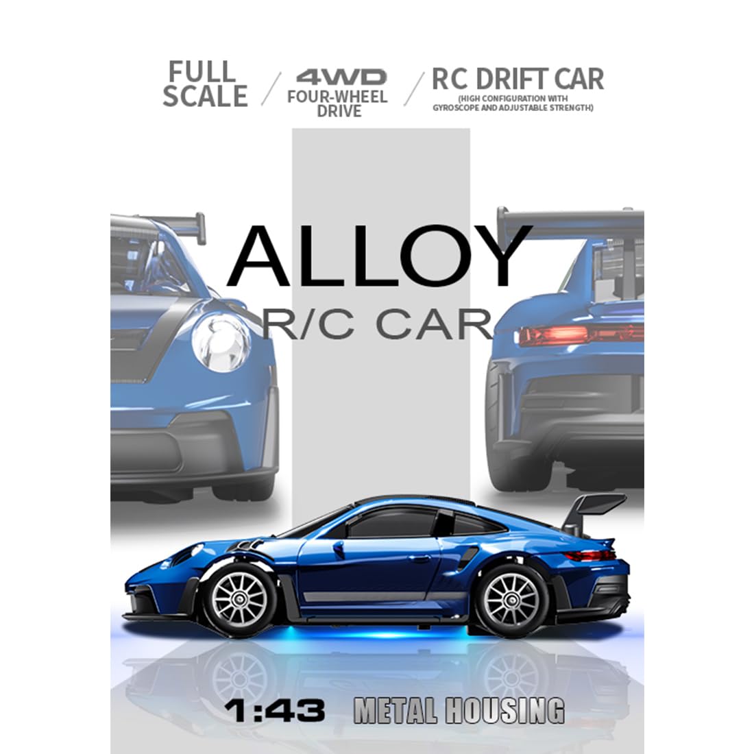 Rakeetolly 1:43 RC Drift Car 20KM/H with Gyro, 2.4G 4WD Full Proportional Alloy Sport Racing Car, Adjustable Speed, LED Lighting for Teens & Adults