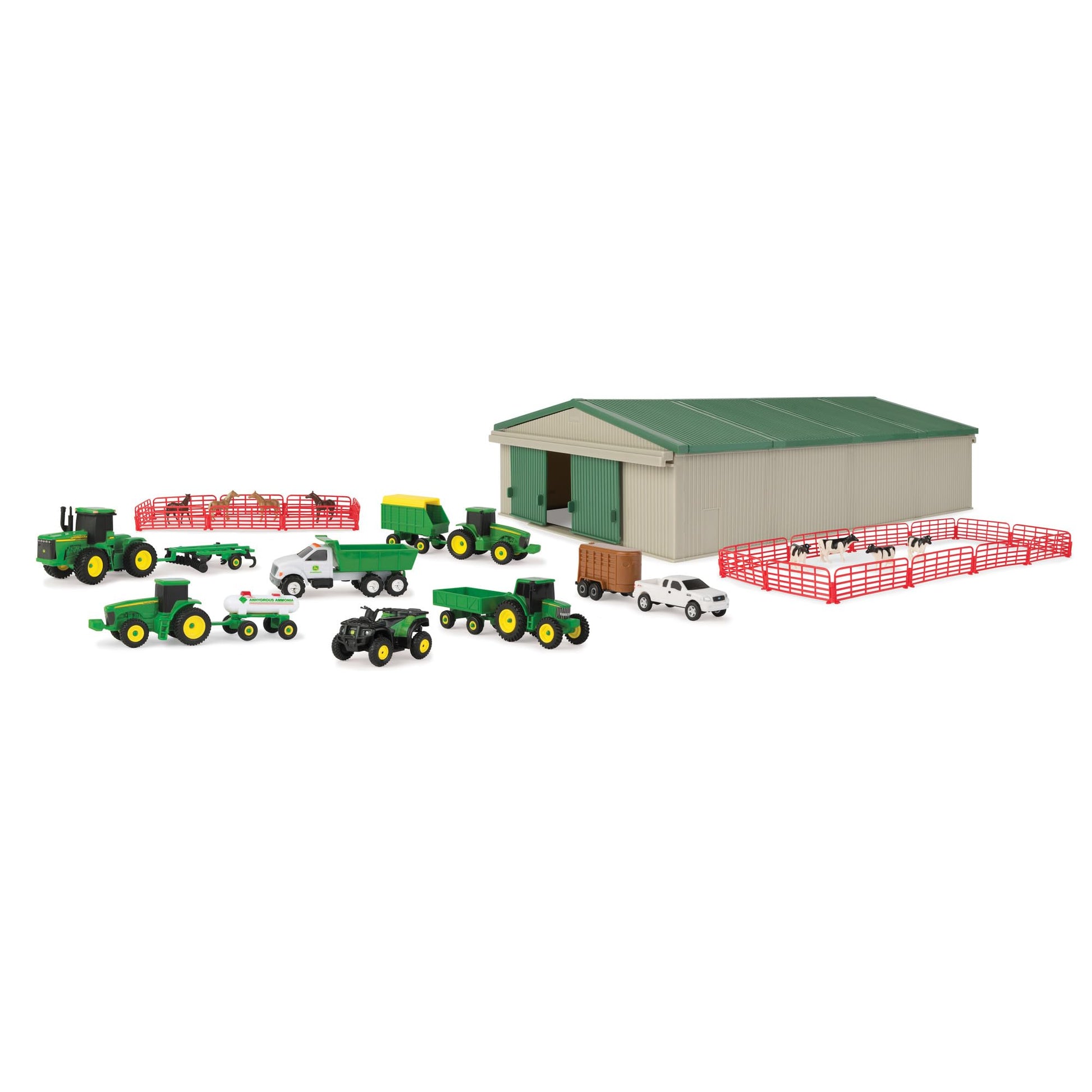 TOMY John Deere Die-Cast Farm Toys Playset - 1:64 Scale - Includes Farm Animals, Machine Shed, Toy Tractors, Toy Trucks, and Farm Tools - 70 Count - 8