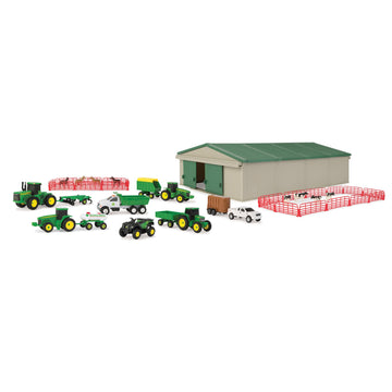 TOMY John Deere Die-Cast Farm Toys Playset - 1:64 Scale - Includes Farm Animals, Machine Shed, Toy Tractors, Toy Trucks, and Farm Tools - 70 Count - 8