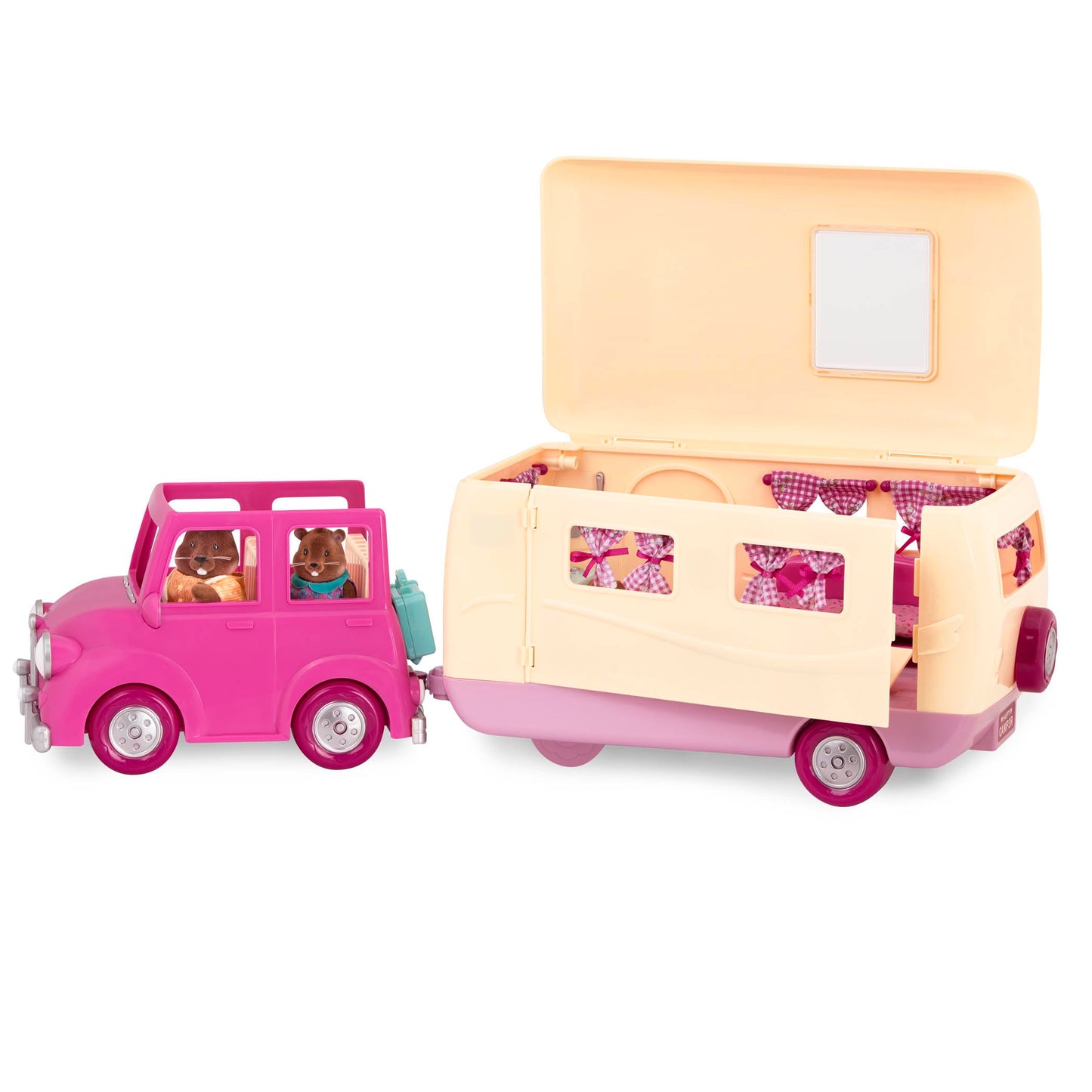 Li'l Woodzeez - Happy Camper Pink with Detachable Vehicle - 40 Pieces Dollhouse Playset with Furniture, Play Food & Kitchen Accessories for 3+ Years