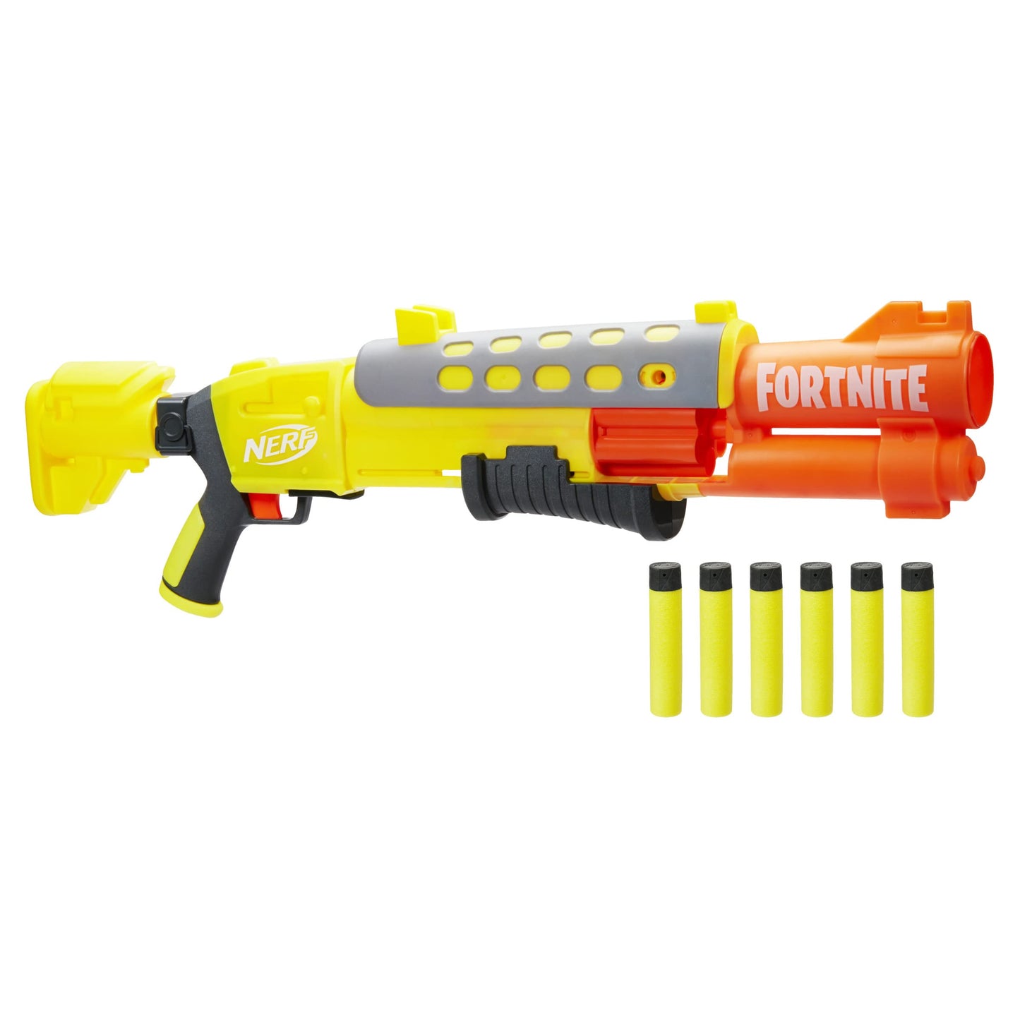 Nerf Fortnite Legendary TAC Dart Blaster, Yellow Glow Lap Design, 6 Dart Mega Drum and 6 Nerf Accustrike Mega Darts, Pump Action F4168