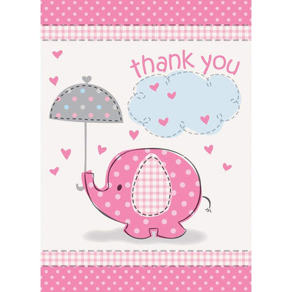 Unique Pink Elephant Girl Baby Shower Thank You Cards, 8ct, multi color, "5.5"" x 4"""