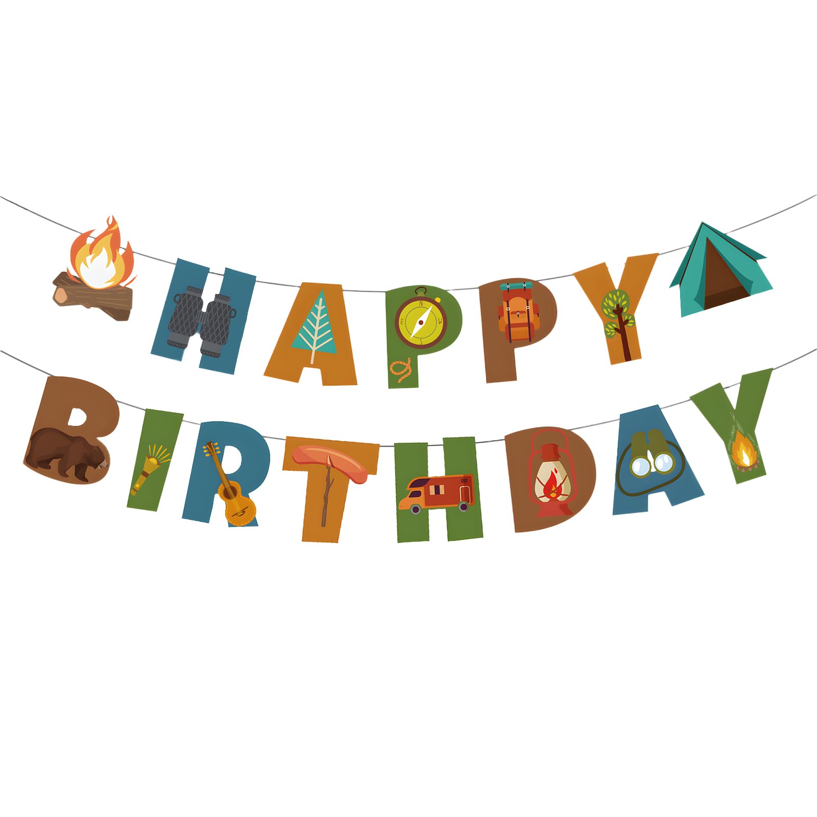 BIEUFBJI Camping Happy Birthday Banner - Outdoor Yard Campsite Decor, Fun House Banner with Campfire Tent Oil Lamp Adventure Camping Birthday Party