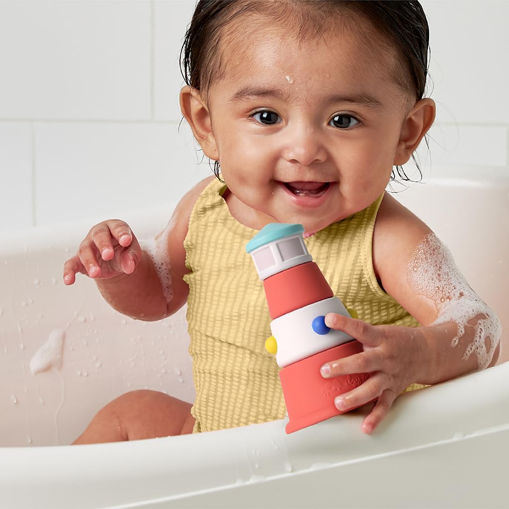 Itzy Ritzy Stack & Squirt Bath Toy Set for Babies and Toddlers - Includes Stackable Lighthouse and Water-Squirting Seagull & Octopus - Perfect